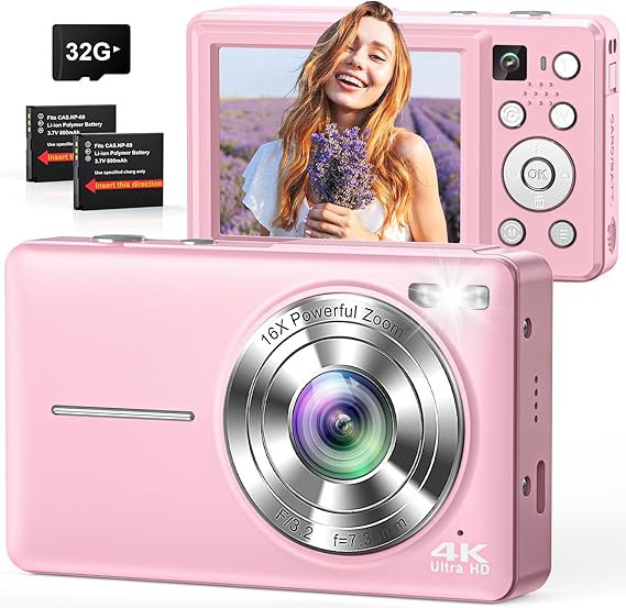 Digital Camera, 4K 64MP Cameras for Photography, Small Compact Point and Shoot Digital Camera with Auto Focus, Dual Camera, Flash, 16X Zoom, 32GB Card, Vlogging Camera for Teens, Boys, Girls