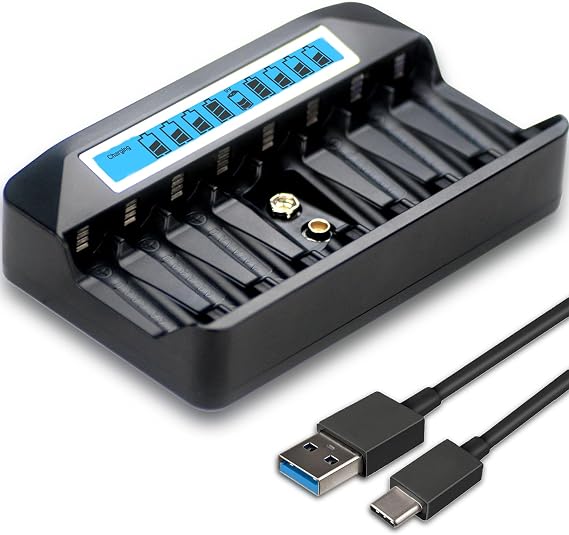 9 Independent Ports USB AA/AAA/9V Fast Charger 8PCS NiMh/NiCd AA/AA & 1PC NiMh/NiCd/Li-ion Square 9V Battery with LCD Display(1 Black Charger Only)