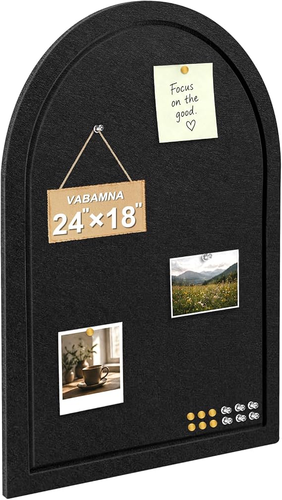 Arched Felt Bulletin Board, Sized 24" x 18" Cork Board Alternative Grooved Edge Foldable for Office & Wall, Customizable Adhesive Tiles with Pins Hooks for Photo Display School Home Office, Black