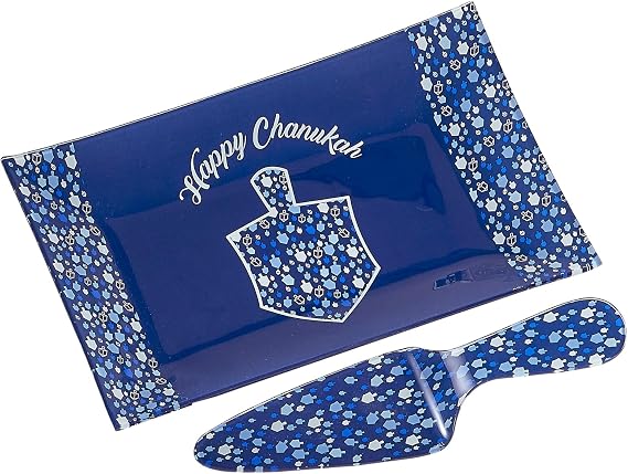 Hanukkah Glass Tray & Server Gift Set by Rite Lite | حفلة عطلة يهودية أنيقة تفضل هدايا مضيفة Chanukah تصميم فسيفساء الطبخ إكسسوارات المطبخ مهرجان الأضواء 12 "L