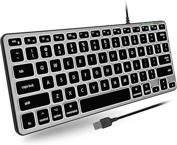 لوحة مفاتيح سلكية بإضاءة خلفية Macally لنظام التشغيل Mac | لوحة مفاتيح Apple متوافقة (صغيرة ومدمجة) لوحة مفاتيح USB مريحة طوال اليوم لـ MacBook Pro / Air و iMac و Mac Mini / Pro (Space Gray)