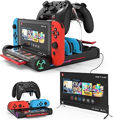 محطة شحن وحدة تحكم TV Switch لجهاز Nintendo Switch تدعم محطة شحن OLED Joy Con 4K1080P HDMI لجهاز Nintendo Switch TV Dock مع 8 فتحات للبطاقات ووحدات تحكم وحامل وحدة تحكم وإضاءة RGB