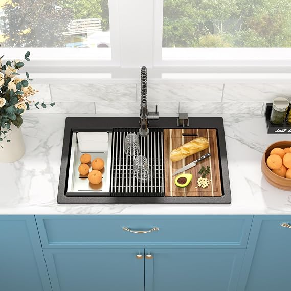 Sarlai Granite Composite Kitchen Sink - 33"x22" Drop In Kitchen Sink Matte Black Ledge 33 Inch Workstation Granite Quartz Composite Top-Mount Single Bowl Sinks Basin with Accessories