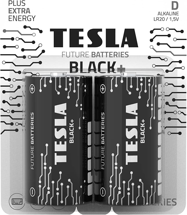 TESLA Batteries D Black+ Maximum Power Alkaline Batteries, 10+ Year Shelf Life, A Long-Lasting Battery Life, Leak-Free (LR20 / 2 Count [Pack of 1])
