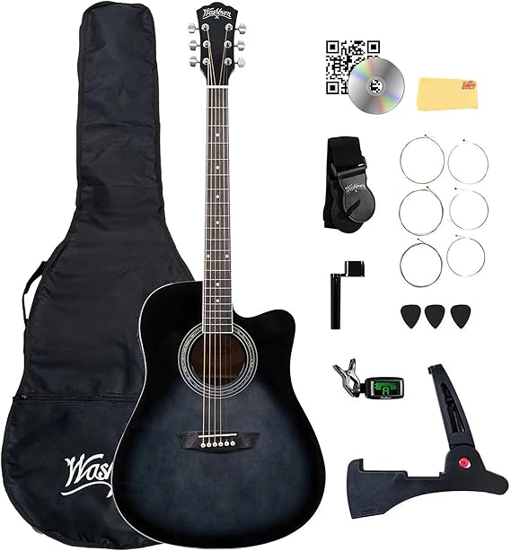 طقم جيتار كهربائي صوتي Washburn WA90CE - مجموعة سوداء مع حقيبة حفلات موسيقية وحزام وريشات وأوتار وحامل وقرص DVD تعليمي وقماش تلميع Austin Bazaar