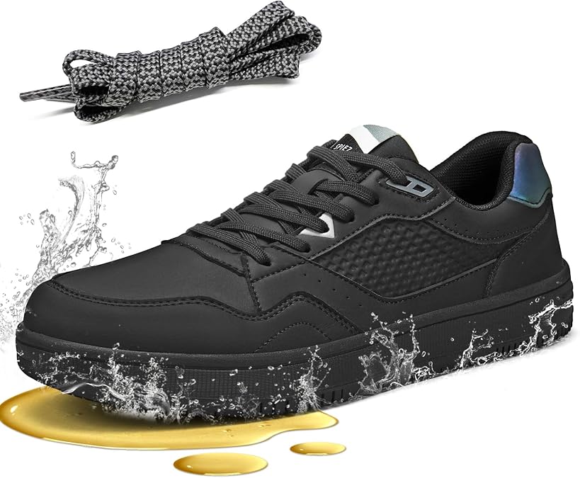 SPIEZ Non Slip Work Shoes for Men Women, Slip & Oil Resistant Food Service Shoes, Lightweight Reflective Deign Kitchen Sneakers - Restaurants Floor to Streetwear Ready, Black US 4.5-13.5