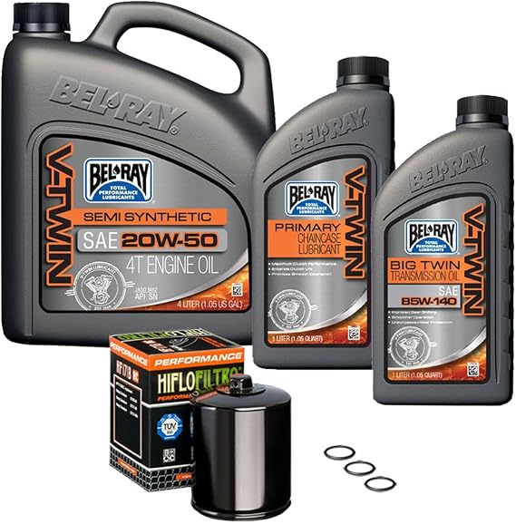 Bel-Ray Semi-Synthetic 3-Hole Complete Oil Change Kit Compatible with Harley-Davidson Big Twin and Sportster 1984-Up, 1984-2017 Harley Twin Cam & Evolution, Black Oil Filter