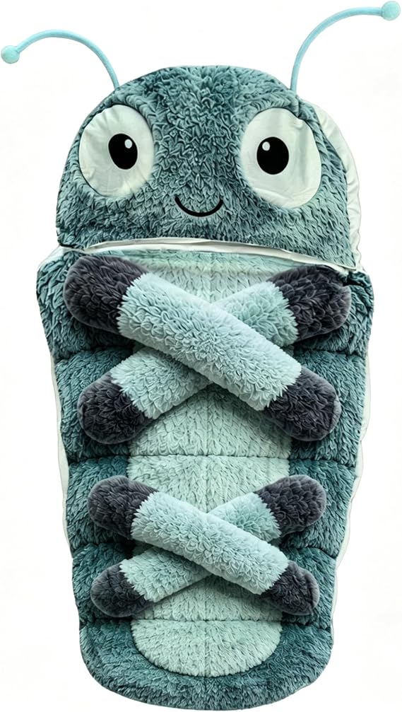 Hugging Caterpillar Sleeping Bag for Adults, Plush Cocoon Lounger for Indoor Nap Reading, Soft Full Body Wearable Sleep Sack with Adjustable Pull Cord, Green Padded Nest Pod for Stress Relief
