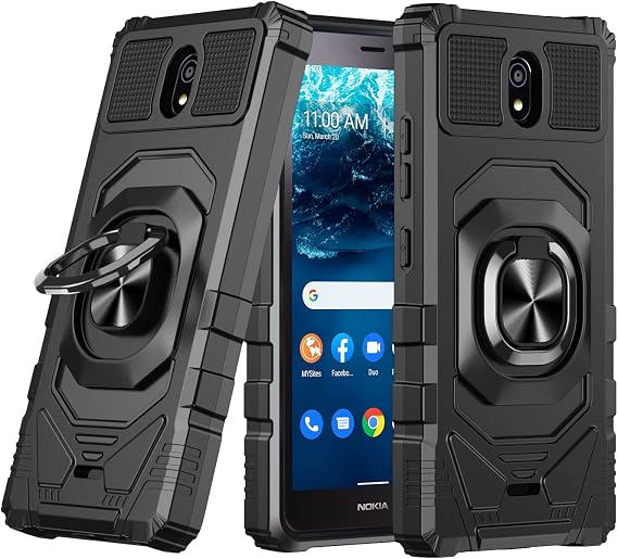 Case for Nokia C100 with Tempered Glass Screen Protector, Heavy Duty Military-Grade Slim Fit Phone Case with Kickstand (Black)