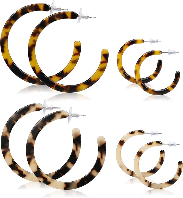 LOYALLOOK 4Pairs Acrylic Hoop Earrings for Women Hypoallergenic Resin Tortoise Shell Earrings Boho Leopard Earring Vintage Fashion Jewelry
