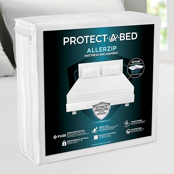 غطاء مرتبة Protect-A-Bed AllerZip بسحاب، حماية مرتبة سداسية الجوانب مقاومة لبق الفراش وعث الغبار، غطاء قابل للغسل مقاوم للماء بنسبة 100%، يناسب المراتب مقاس 11-18 بوصة