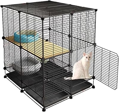 Cat Cages Indoor, 2 Tier DIY Cat Enclosure with Hammock Cat Playpen Detachable Metal Wire Cat House with Cat Litter Box Cat Bowl for 1-3 Cats 7-Piece Set
