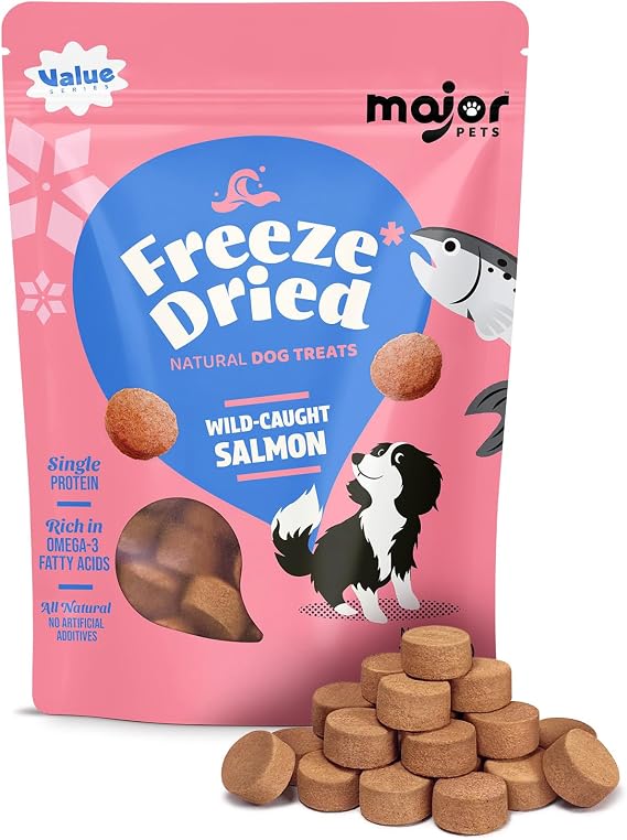 مكافآت الكلاب والقطط من MAJOR PETS Freeze Dried Salmon - سمك السلمون الألاسكي البري - بروتين واحد - خالٍ من الحبوب والغلوتين - أغطية طعام الكلاب ومكافآت التدريب - صُنعت وتم الحصول عليها في الولايات المتحدة الأمريكية - 10 أونصات