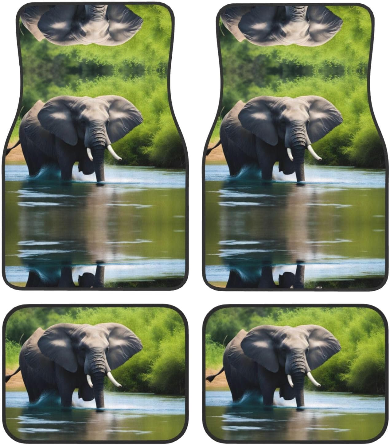 Crystal velvet car mats - All Cars - Easy to Clean, Fade Resistant - Enhance Interior, Protect & Personalize - Black Border - Set of 4 Swimming African Elephant Picture