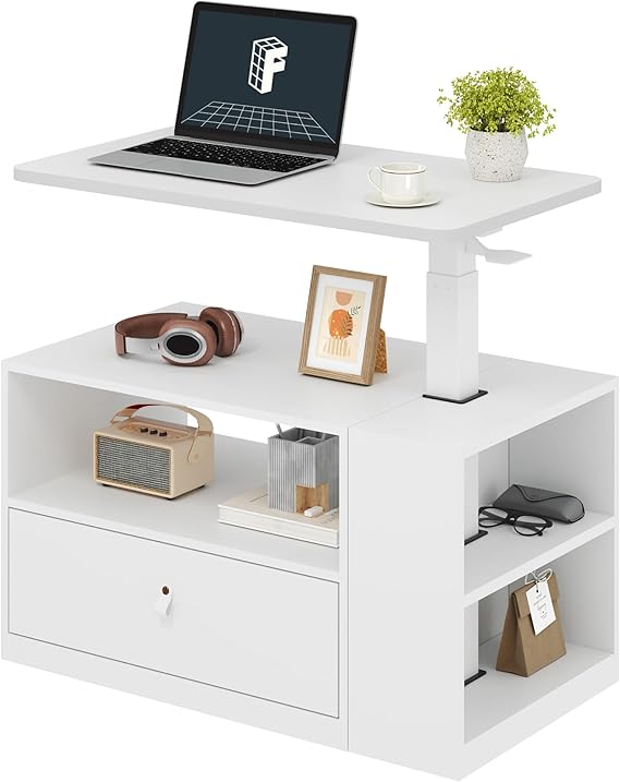 FLEXISPOT H7 CAB Height Adjustable Sit-Stand Computer Workstation Desk with Storage, Pneumatic Lift Laptop Desk with Drawer & Cabinet, Compact Small Space Home Office Desk (25.8"41.3", White)