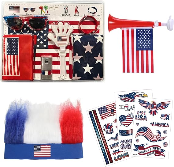 Soccer Fan Cheering Kit with Scarf, Flag, Horn, Glasses, Clapper, Face Paint, Wristband, Hat Tattoos,Complete Fan Accessories Set for Football Match, Game Day Party & Tailgate