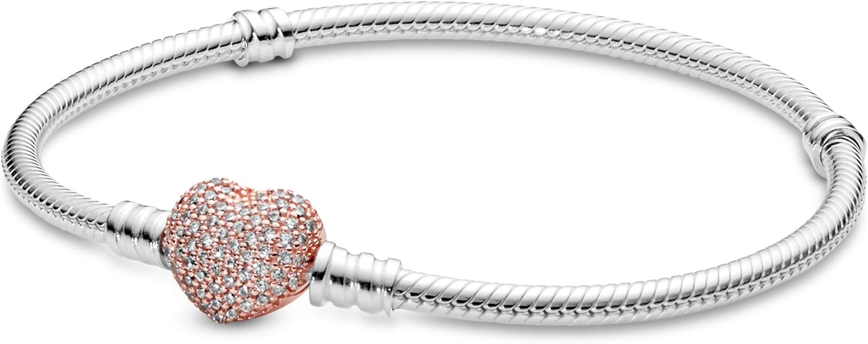 Pandora Jewelry - Moments Pave Heart Clasp Snake Chain Cubic Zirconia Bracelet - Gift for Her - Pandora Rose - 7.9"