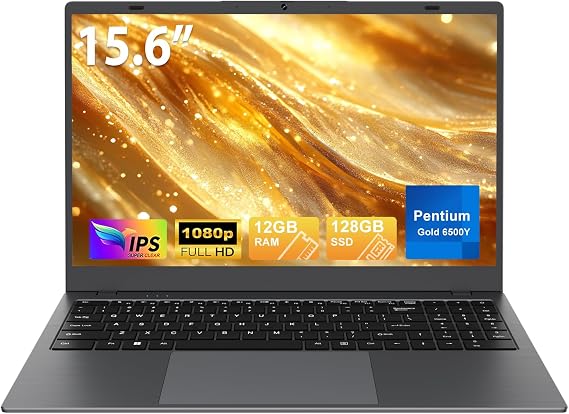 15.6 Inch Laptop Computer - 12GB RAM 128GB SSD, Pentium Gold 6500Y Processor (Beat N4500 Up to 3.4GHz), IPS FHD Display, Laptops for Students, Business, WiFi 5, BT5.0, HDMI, Type C