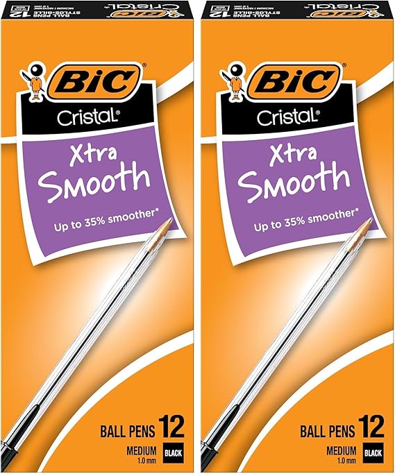BIC Cristal Xtra Smooth Black Ballpoint Pens, Medium Point (1.0mm), 12-Count, Extra Smooth and Reliable Ballpoint Pens (Pack of 2)