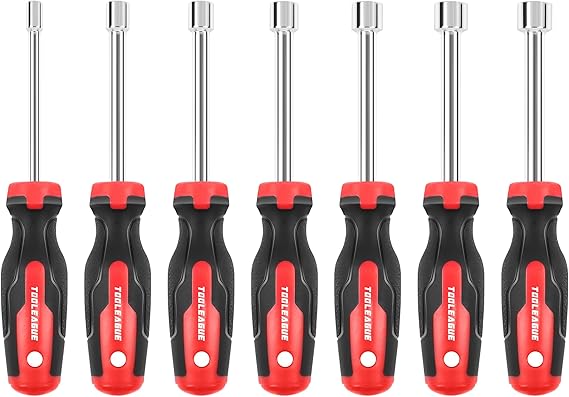 TOOLEAGUE 7Pcs SAE Nut Driver Set - 3/16, 1/4, 5/16, 11/32, 3/8, 7/16, 1/2 Inch, 3.5 Inch (1 Inch Hollow, 2.5 Inch Solid) Shaft Nut Driver with Pass Through Design