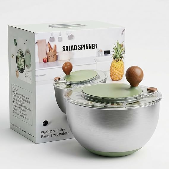 5.3QT Stainless Steel Salad Spinner - Large Salad Spinner with Non-Slip Base, Drain Hole and Stop Button- Dish Washer Safe Vegetable Spinner