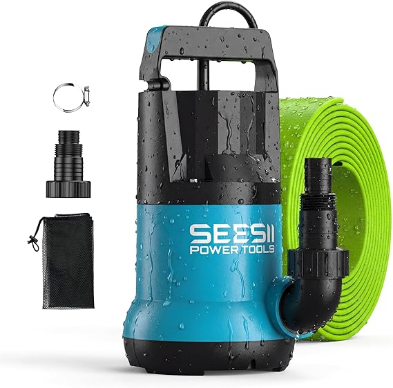 SEESII 1HP Submersible Water Pump, 4755GPH High Flow Sump Pump with 23ft Hose Kit, Anti-Clogging Filter Net for Swimming Pool Hot Tub Pond Basement Rooftop Garden Water Removal