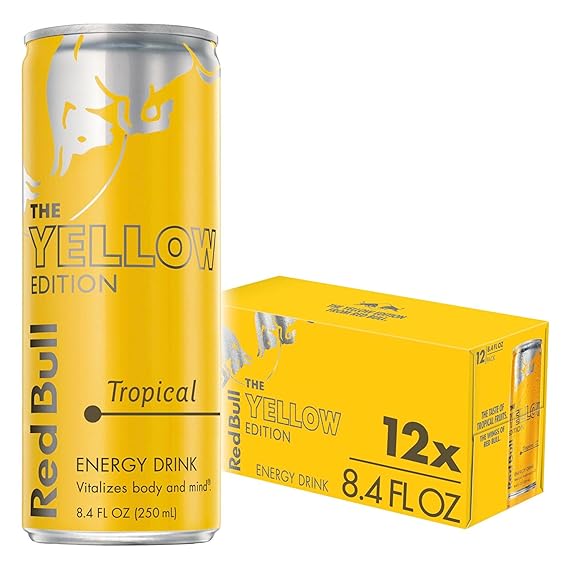 مشروب الطاقة Red Bull Yellow Edition، استوائي، يحتوي على 80 ملغ من الكافيين بالإضافة إلى فيتامينات توراين وبي، 8.4 Fl Oz، عبوة تحتوي على 12 علبة
