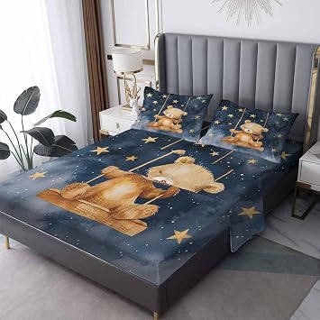 Kids Bear Sheets Queen Sheet Set, Stars Bed Sheets, Dark Navy Blue Bedding Bedroom Decor, Soft Microfiber Deep Pocket Fitted Sheet & Flat Sheet & 2 Pillowcases