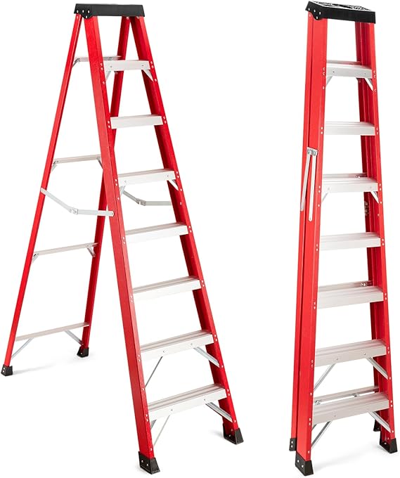 Red Fiberglass Ladder, 8-Foot Step Ladders, 330 lb Load Capacity, Single Side Step Ladders for Home, Tall Folding Ladder, Portable Tool Tray