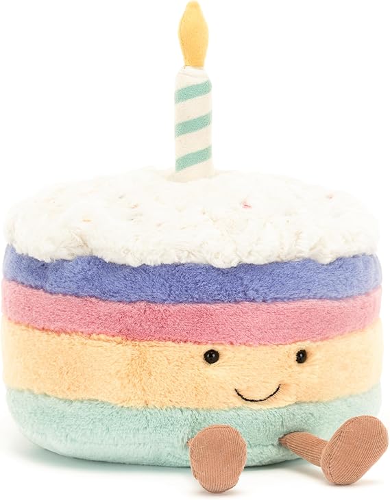 Jellycat Amuseables قوس قزح كعكة عيد ميلاد لعبة محشوة، متوسطة 6 بوصة - الحلوى القطيفة - هدية عيد ميلاد