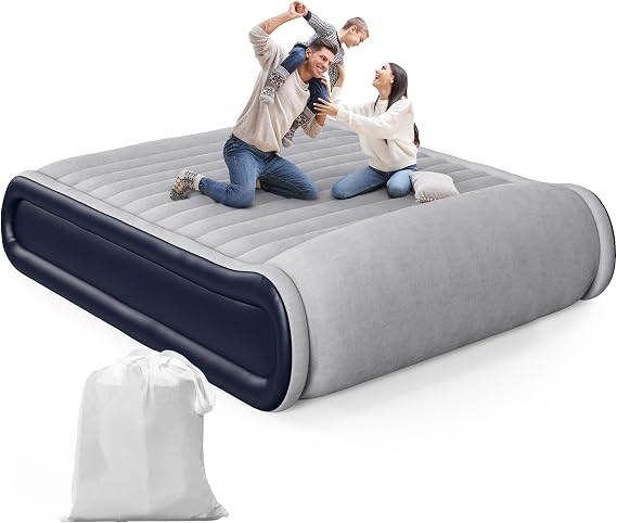 Air Mattress Queen with Built-in Pump & Raised Pillow, 17" Raised Comfort Inflatable Mattress, 3 Min Fast Self-Inflation/Deflation Blow Up Mattress with Storage Bag (Gray)