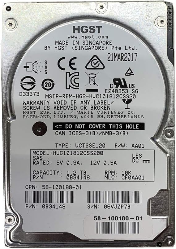 محرك الأقراص الصلبة HGST 1.2TB HDD 10K RPM 2.5 "12 جيجابت / ثانية SAS الموديل: HUC101812CSS200 DP / N: 0KV02