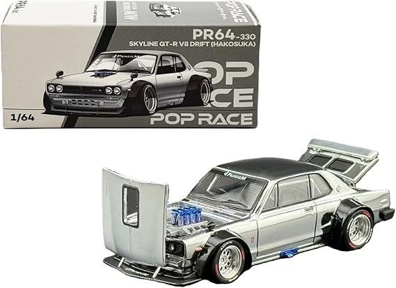 سيارة موديل دييكاست 1:64 متوافقة مع نيسان سكاي لاين GT-R V8 Drift Hakosuka Silver Chrome Hong Kong Toy Car Salon 2025 Limited Edition من Pop Race PR640330