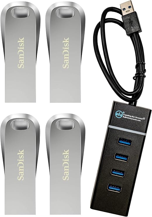 محرك أقراص فلاش USB 3.1 من SanDisk Ultra Luxe 32 جيجابايت (حزمة 4) يعمل مع الكمبيوتر والكمبيوتر المحمول 150 ميجابايت/s PenDrive عالية السرعة جميع المعادن (SDCZ74-032G-G46) حزمة مع (1) كل شيء ما عدا Stromboli 4 منفذ USB 3.0 Hub