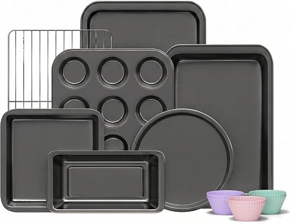 KITESSENSU Compact Baking Pans Sets, Nonstick Bakeware Sets 19-Piece with Round/Square Cake Pan, Loaf Pan, Muffin Pan, Cookie Sheet, Roast Pan, Cooling Rack, Carbon Steel Bake Set