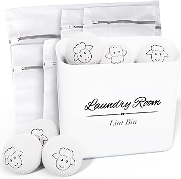 ALBEN Bundle صندوق الوبر المغناطيسي لغرفة الغسيل، وكرات مجفف الصوف، وأكياس الملابس الشبكية - حاوية الوبر النهائية لغرفة الغسيل والمزيد من بيت المزرعة باللون الأبيض
