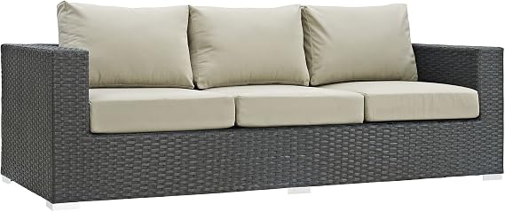 Modway EEI-1860-CHC-BEI Sojourn Wicker Rattan Outdoor Patio Coffee Table, Sofa, Canvas Antique Beige