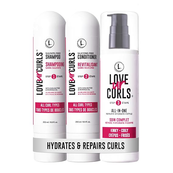 Love Ur Curls - مجموعة شامبو وبلسم مع مصفف كريم تجعيد الشعر بالكامل للشعر الغريب والمريح، نظام 3 خطوات للإصلاح والترطيب