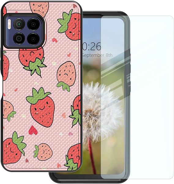 حافظة Tmobile Revvl 7 Pro 5G مع واقي شاشة من الزجاج المقسى، حافظة حماية ناعمة شاملة كليًا من مادة TPU، لوحة درع صلبة من الكمبيوتر الشخصي، حماية هيكلية مزدوجة الطبقة، فراولة وردية لطيفة