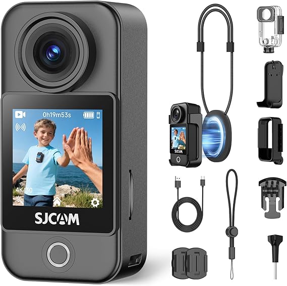 كاميرا SJCAM C400، كاميرا جيب 4K POV،كاميرا صغيرة مغناطيسية يمكن ارتداؤها على الجسم،مثبت Horizon Lock بستة محاور،مقاومة للماء حتى عمق 30 مترًا،شاشة تعمل باللمس، كاميرا فيديو مدمجة لتسجيل الصوت بالميكروفون، مع مجموعات تثبيت على الخوذة