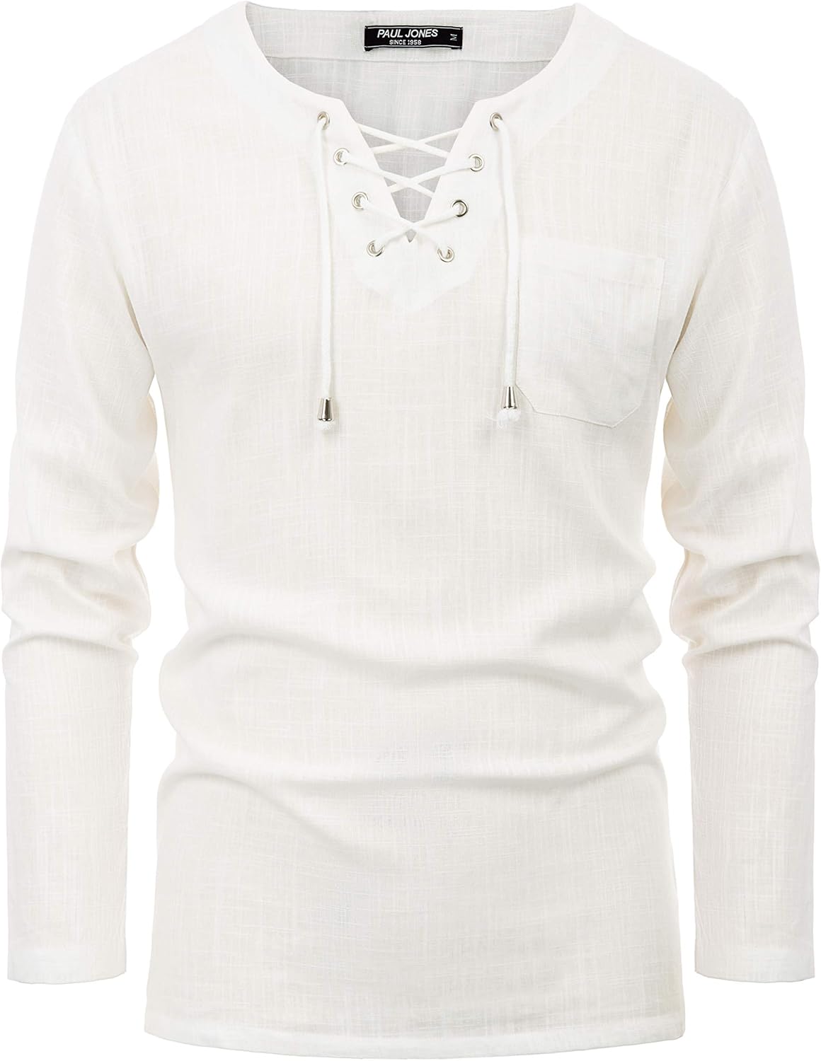 PJ PAUL JONES Mens Long Sleeve Linen Shirt Casual Hippie Cotton Beach T Shirts White XL