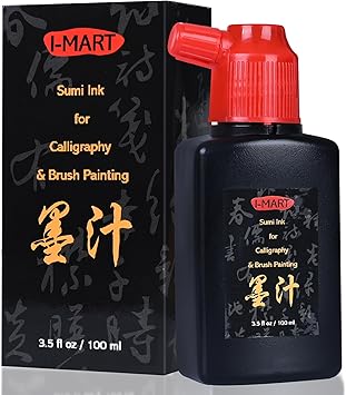 I-MART Sumi Ink للخط الصيني وفن الفرشاة اليابانية، حبر الخط للأعمال الفنية التقليدية، حبر هندي أسود للرسم والكتابة 3.5 أونصة فلورية/100 مل، أسود