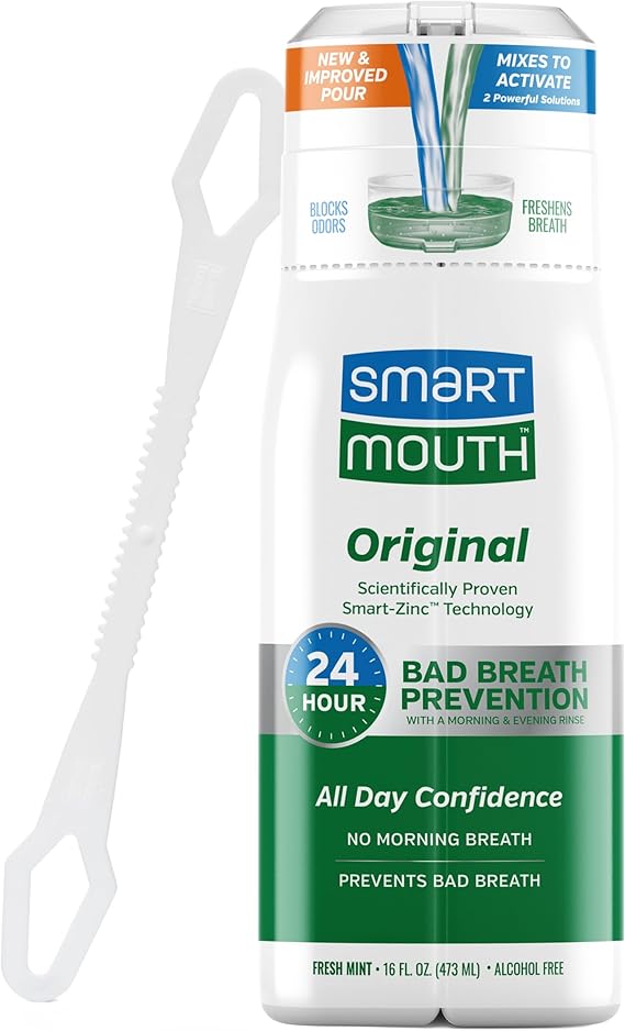 غسول الفم ومنظف اللسان الأصلي المنشط بالزنك من SmartMouth - غسول فم فوري منعش - يزيل الروائح الكريهة ورائحة الفم الكريهة - خالي من السكر والغلوتين والكحول - نعناع طازج - 16 أونصة، عدد واحد