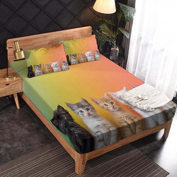Cat Lover Sheets Twin Sheet Set, Cute Kitten Bed Sheets, Kawaii Pets Bedding Bedroom Decor, Soft Microfiber Deep Pocket Fitted Sheet & Flat Sheet & 1 Pillowcase