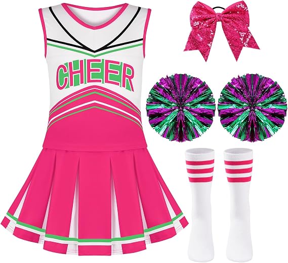 Cheerleader Costume for Girls 6-12Y Halloween Cheerleading Outfit 5Pcs Cheer Uniform Fancy Dress for Party/Sports Day