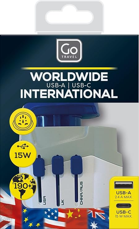 Go Travel Worldwide Adapter + USB-A & USB-C, Universal Travel Adapter for Small Electrical Devices, Earthed Plug Adapter with Twin USB Ports, Travel Essentials for Global Travel | power-converters