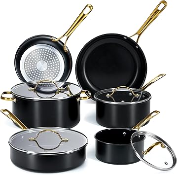 Chef Power Ceramic Cookware Sets, Pots and Pans Set Non Stick 10Pcs, Induction Kitchen Cooking Set with Stainless Steel Handle, Dishware & Oven Safe, Stone Black