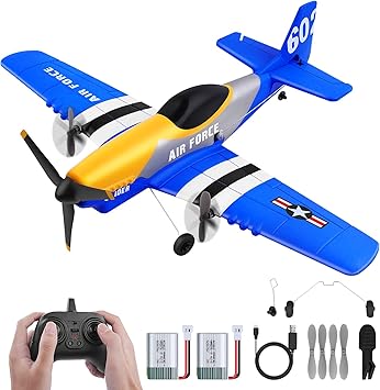 RC Plane 3-Channel 2.4GHZ RC Airplane, P51D Mustang Fighter with 2 Batteries, KF602 Remote Control Plane Gyroscopes Stabilization System Easy to Fly Suitable for Beginners, Kids, Adults