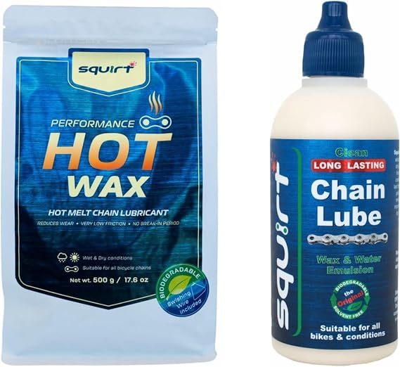Squirt Chain Waxing System - Chain Lube for Bikes 120ml Squeeze Bottle & Hot Melt Bike Chain Wax Granules 500g Bag - Bike Chain Wax for All Weather Cycling