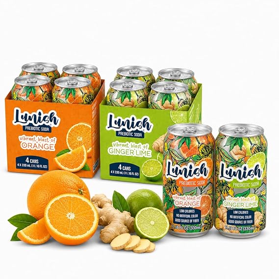 LUNISH Prebiotic Soda Variety Pack Ginger Lime & Orange - Citrus Gut Friendly Soda with 4g Prebiotic Fiber, Apple Cider Vinegar, 8 Pack